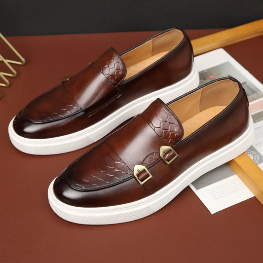 Men's Savile Row croc embossed slip-on loafers with gold buckle. Modern, comfortable dress shoes for men.