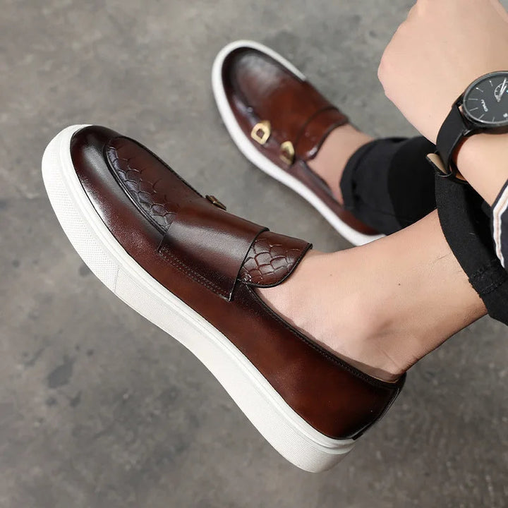 Classic men's Savile Row slip-on loafers. Croc embossed dress shoes with gold accent for casual or formal wear.