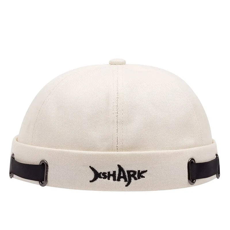Men's Shark Mode beanie, high-quality embroidered streetwear hat for fashion-forward men.
