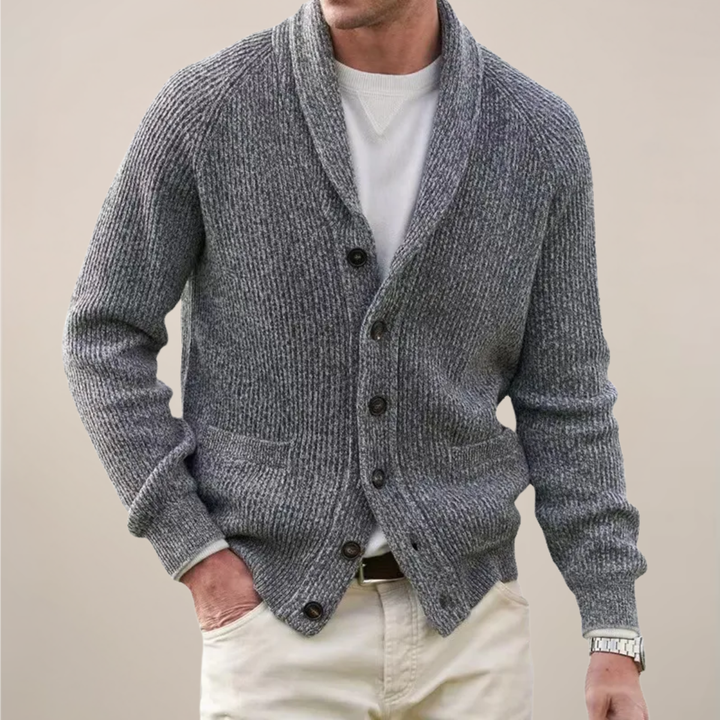 Comfortable men's knit shawl collar cardigan, perfect for stylish fall and winter layering and everyday wear.