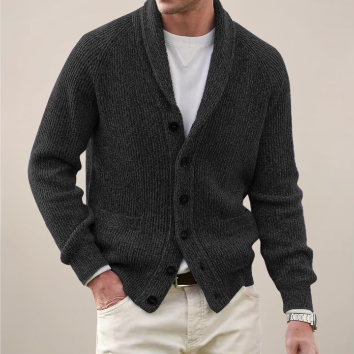 Classic men's shawl collar cardigan, a versatile knitwear piece for smart-casual fashion and relaxed comfort.