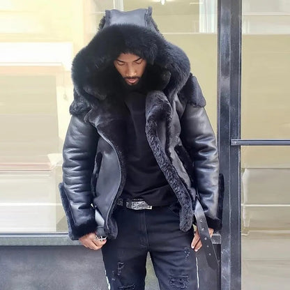 Men's sheepskin leather motorcycle jacket with warm fur hood, windproof for winter outdoor gear.