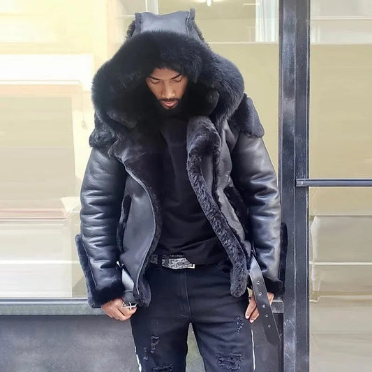 Men's sheepskin leather motorcycle jacket with warm fur hood, windproof for winter outdoor gear.