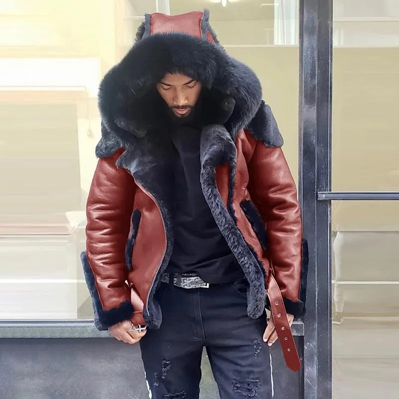 Rugged men's biker-style winter coat. Warm sheepskin leather hooded jacket, perfect for cold weather.