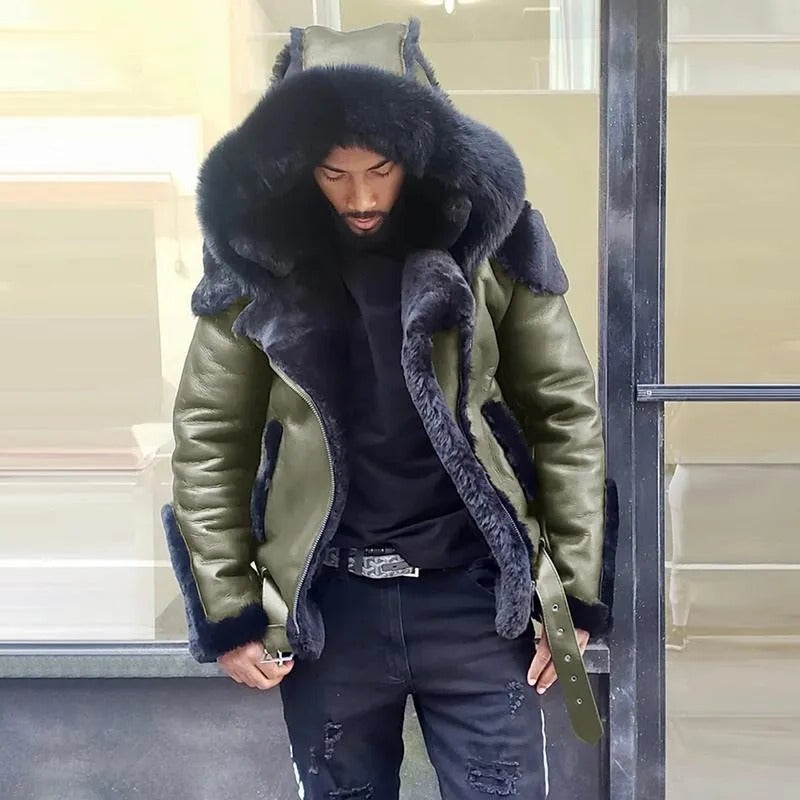 Windproof men's winter motorcycle jacket. Durable sheepskin leather with a warm fur-lined hood for cold.