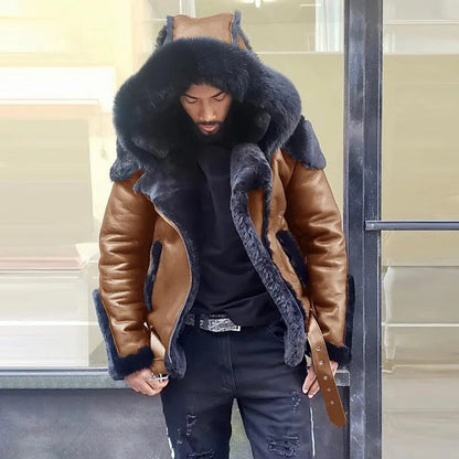 Stylish men's sheepskin leather winter jacket with warm fur hood. Rugged biker design for cold weather casual wear.