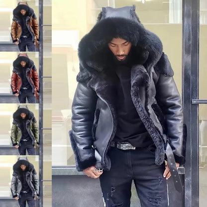 Men's outdoor winter motorcycle jacket. Warm, windproof sheepskin leather with a protective fur hood.