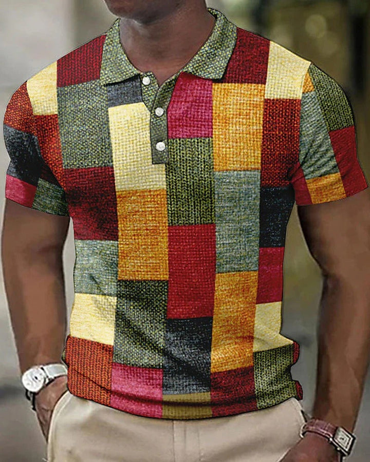 Breathable men's short-sleeve polo with a relaxed fit and stylish checkered pattern, ideal for everyday fashion.
