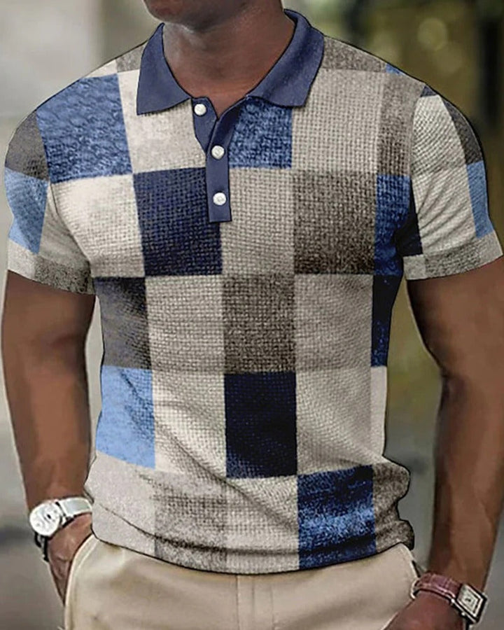 Stylish men's short-sleeve polo shirt featuring a modern grid pattern, a comfortable and trendy summer top.