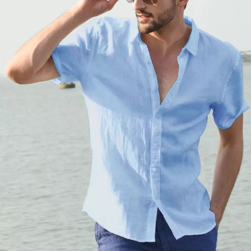 Lightweight men's linen shirt, short sleeve, offering ultimate comfort for breezy summer days.