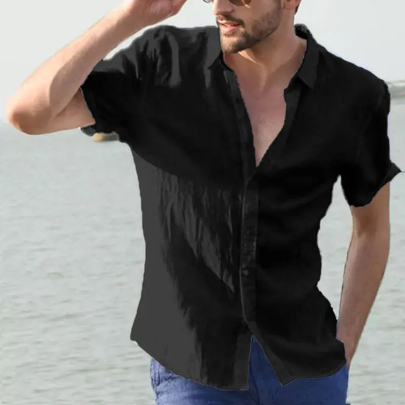 Matteo men's short sleeve linen shirt, perfect for casual summer style and vacation wear.