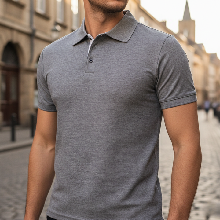 Men's short sleeve polo shirt, classic solid color, comfortable for casual daily wear.