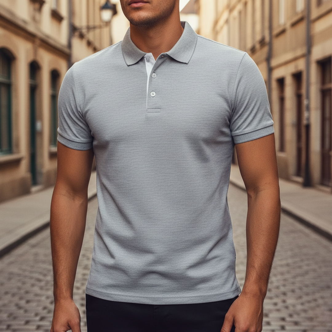 Men's short sleeve polo with a button placket, offering versatile, effortless casual style.