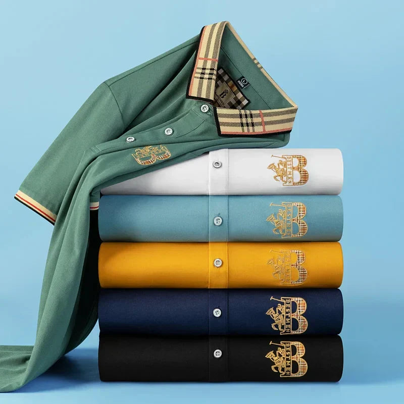 Refined men's short-sleeve polo with subtle embroidery, enhancing a casual yet stylish look.