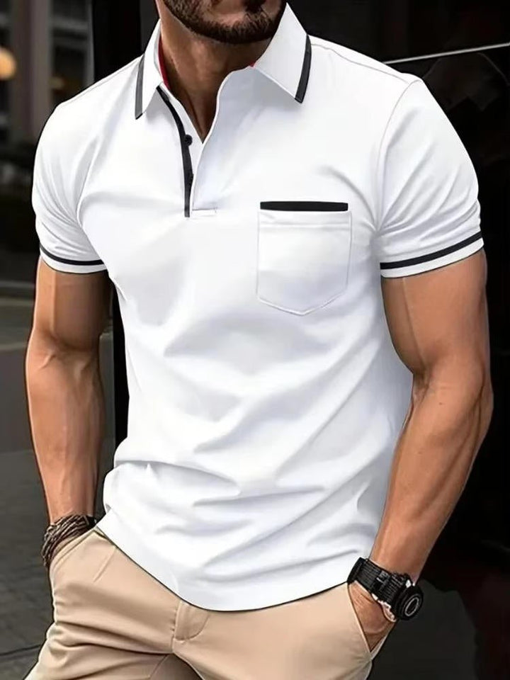 Men's short sleeve polo shirt with chest pocket; classic fit, comfortable for summer casual wear.