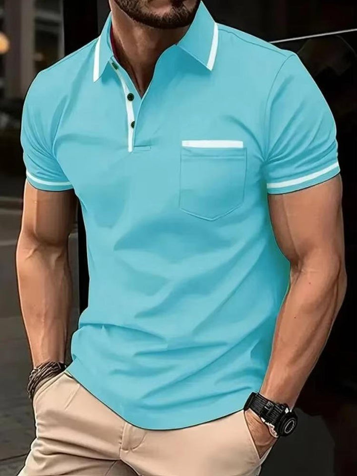 Classic fit men's short sleeve polo with a chest pocket; versatile for casual & semi-formal looks.