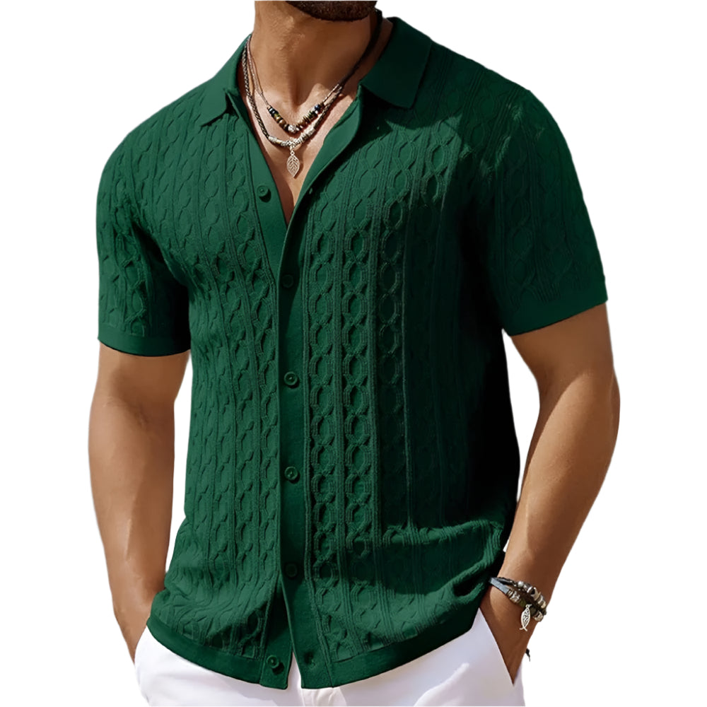 Men's short sleeve polo shirt with textured button-down collar, ideal for smart casual wear.