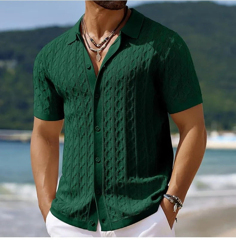 Versatile men's green polo shirt with a unique textured button-down collar for summer fashion.