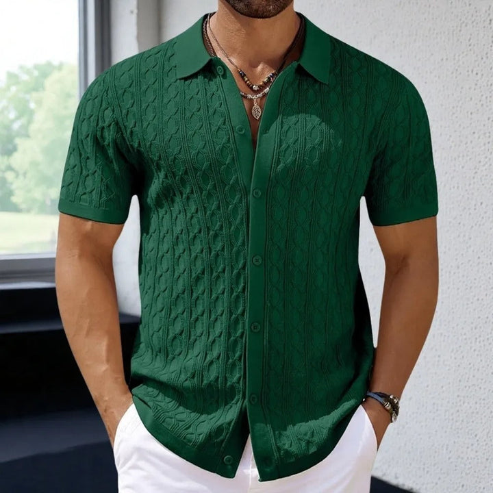 Classic black men's polo shirt, short sleeve, featuring a stylish textured button-down collar.