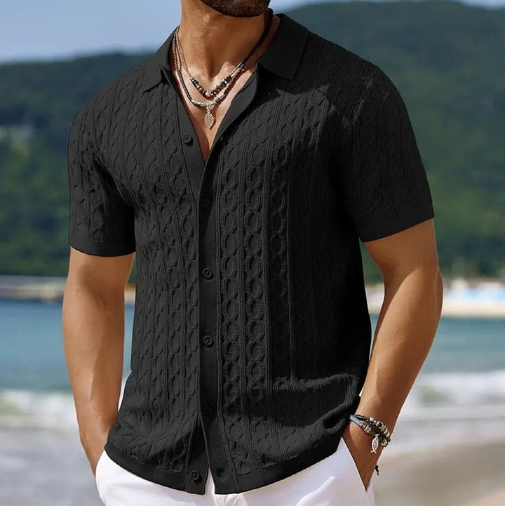 Stylish men's smart casual polo shirt, short sleeve, showcasing a textured button-down collar.
