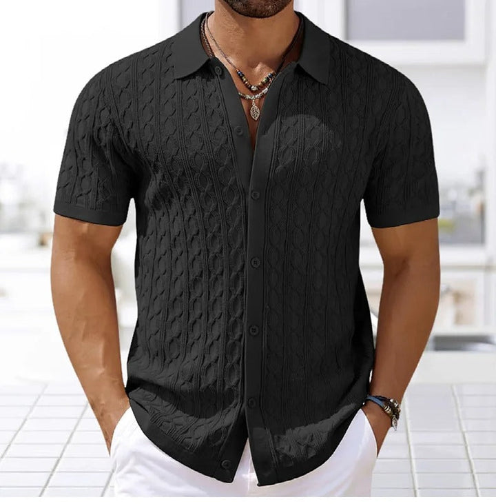 Comfortable men's summer wear polo shirt, short sleeve, with a modern textured button-down collar.