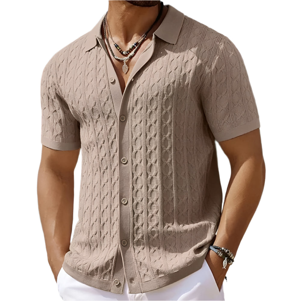 Men's fashion green polo shirt, short sleeve, button-down textured collar, perfect casual top.
