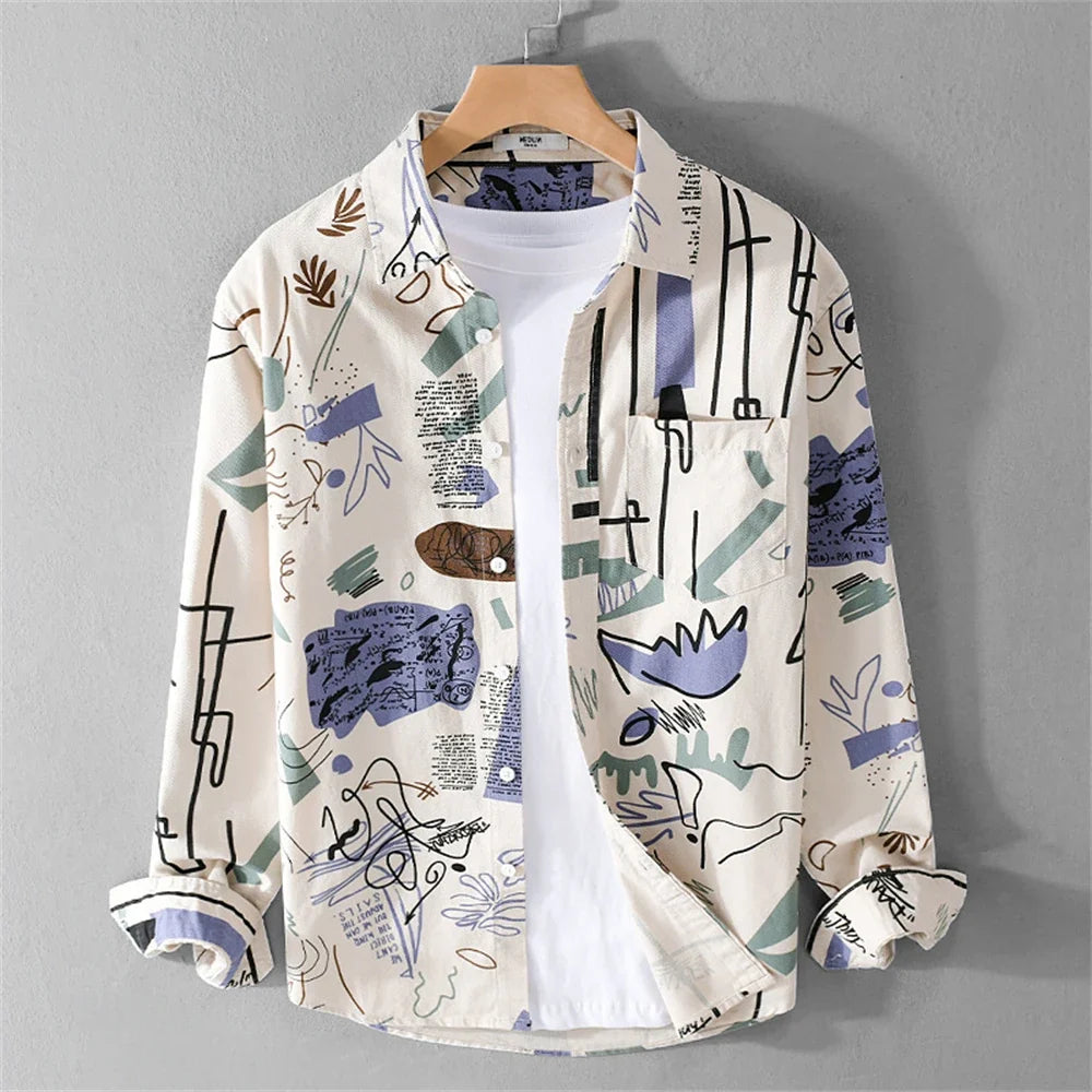 Men's short sleeve shirt with vibrant abstract graffiti print, perfect for casual streetwear and summer style.