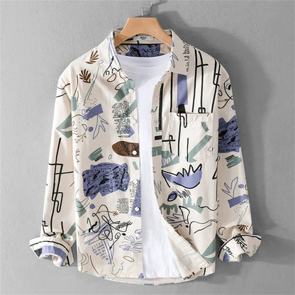 Men's short sleeve shirt with vibrant abstract graffiti print, perfect for casual streetwear and summer style.