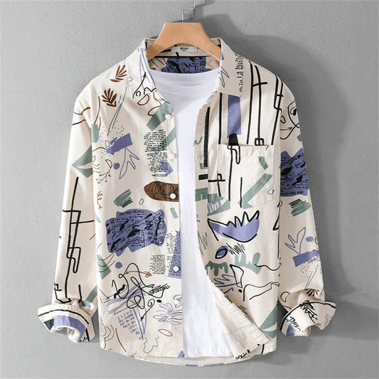 Men's short sleeve shirt with vibrant abstract graffiti print, perfect for casual streetwear and summer style.