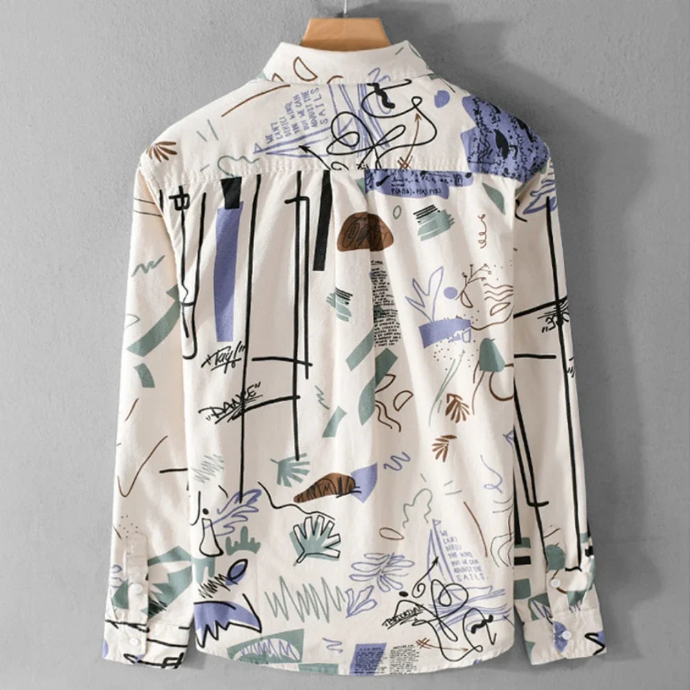 Trendy men's relaxed fit artistic top featuring a unique abstract graffiti motion design. Ideal for casual wear.