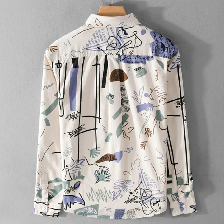 Trendy men's relaxed fit artistic top featuring a unique abstract graffiti motion design. Ideal for casual wear.