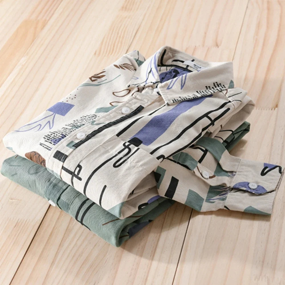 Casual men's short sleeve shirt with a bold abstract graffiti pattern, great for a modern streetwear aesthetic.