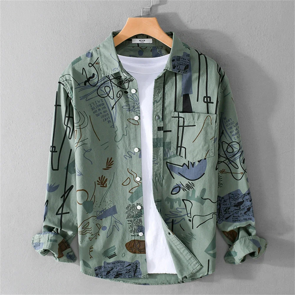 Summer style men's top with abstract graffiti motion, a short sleeve artistic shirt for contemporary casual fashion.