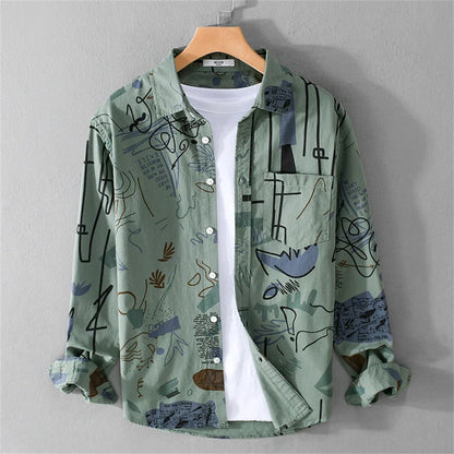 Summer style men's top with abstract graffiti motion, a short sleeve artistic shirt for contemporary casual fashion.