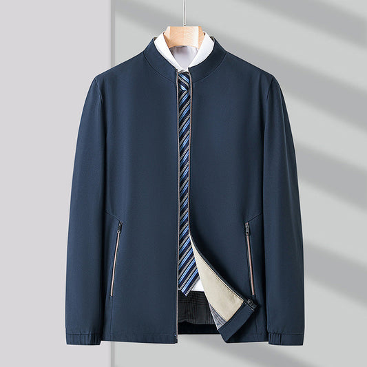 Men's sleek black comfort jacket with secure zipper pockets for modern everyday wear.