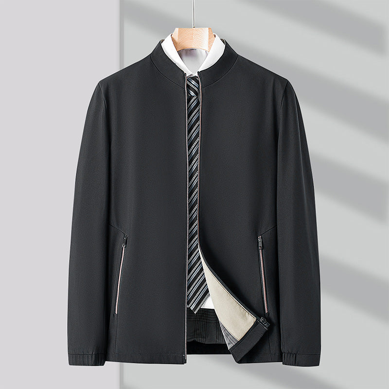Stylish men's black comfort jacket featuring secure zipper pockets and a sleek design.
