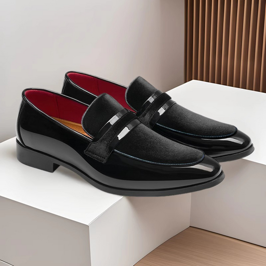Men's sleek black dress loafers for formal occasions, perfect for weddings & galas.
