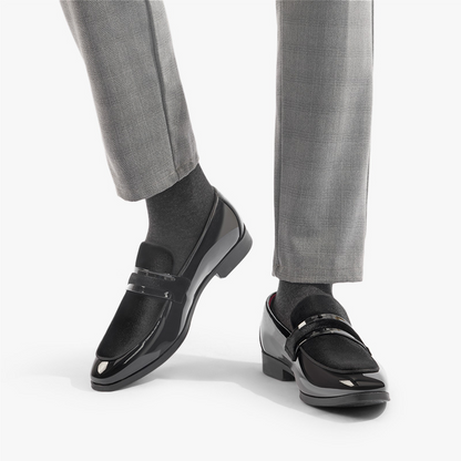 Polished leather men's dress loafers, slip-on style formal shoes, great for event & wedding wear.