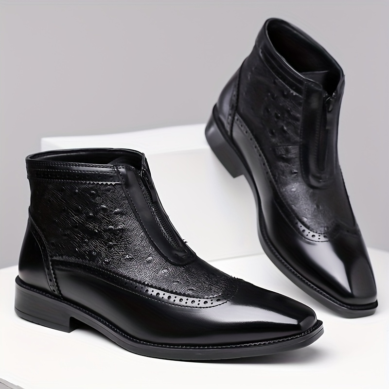 Comfortable black men's dress boots with front zipper, perfect for formal wear.