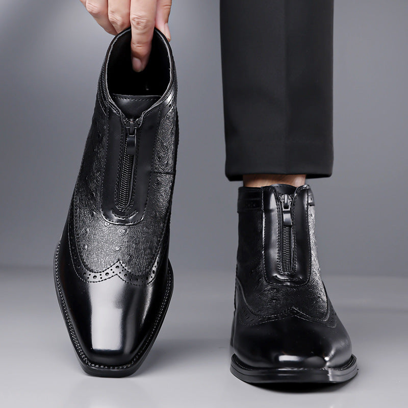 Casual yet chic men's brown front zip ankle boots, versatile and fashionable.