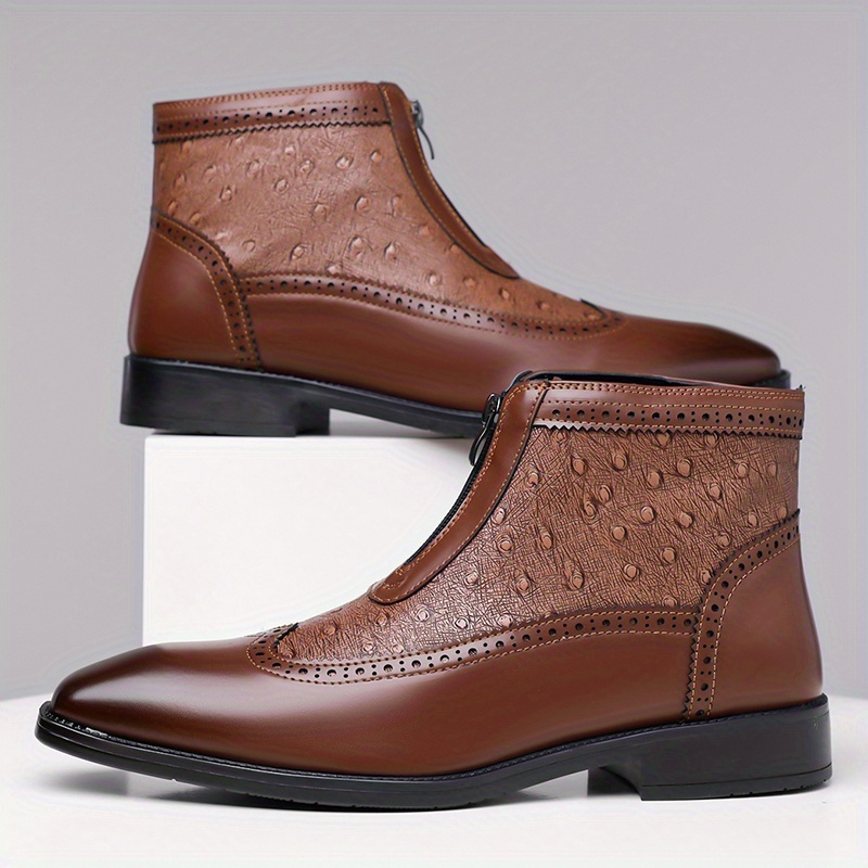 Stylish brown men's ankle boots with front zipper, elegant casual footwear.