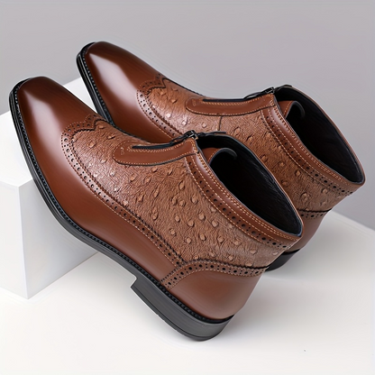 Modern men's brown front zip ankle boots, perfect for casual or dressy looks.