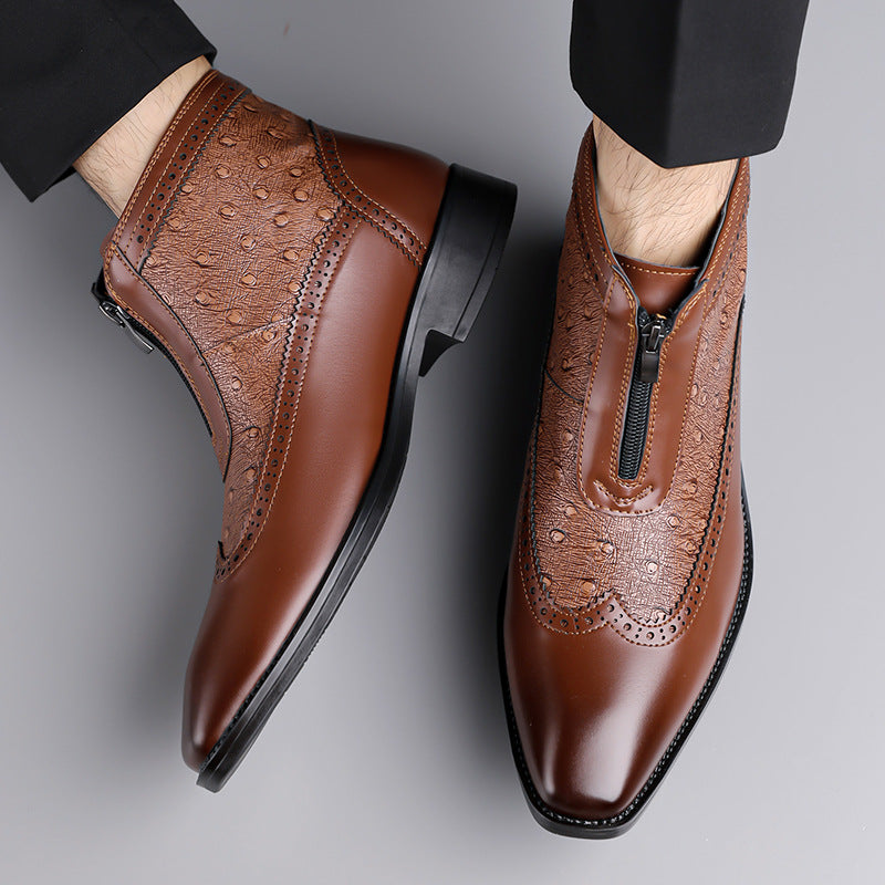 Black men's ankle boots featuring a front zip closure, versatile & stylish.