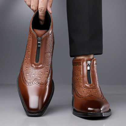 Brown fashion boots for men, sleek design with easy front zipper access.