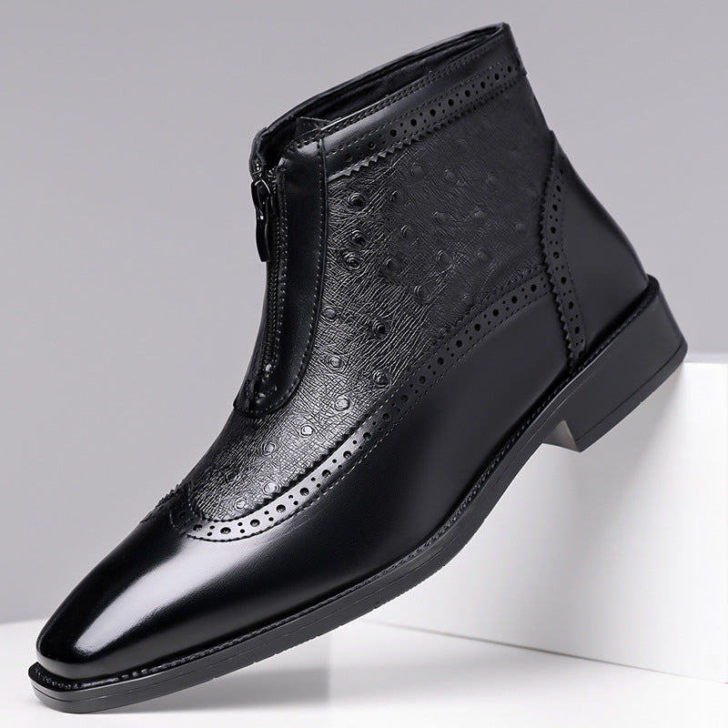 Men's designer style black front zip ankle boots, blending elegance & comfort.