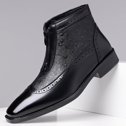 Men's designer style black front zip ankle boots, blending elegance & comfort.