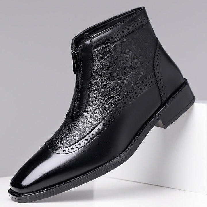 Men's designer style black front zip ankle boots, blending elegance & comfort.
