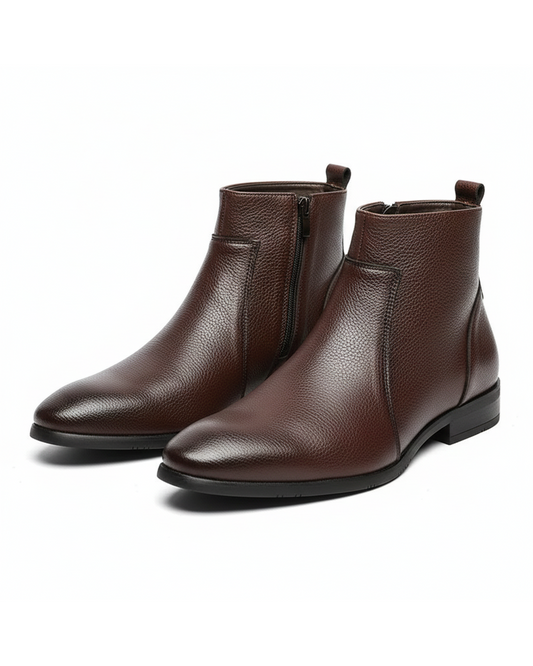 Men's sleek black side zip ankle boots with pointed toe for modern style.