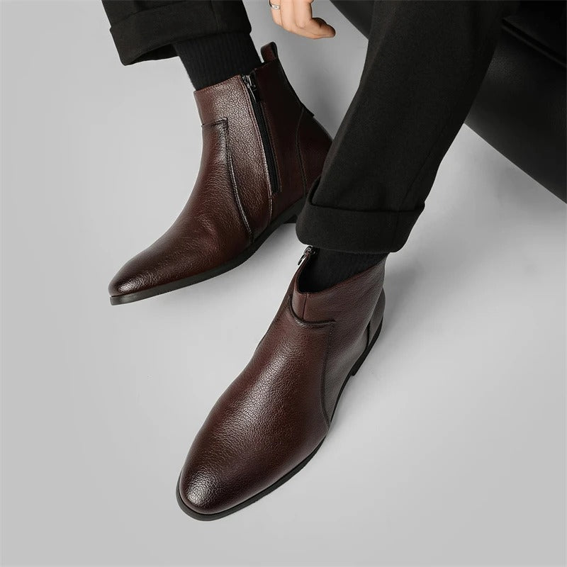 Professional men's fashion boots: sleek design, side zipper, pointed toe, elegant finish.