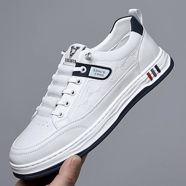 Sleek white men's athletic casual shoes, perfect for comfort & modern style.
